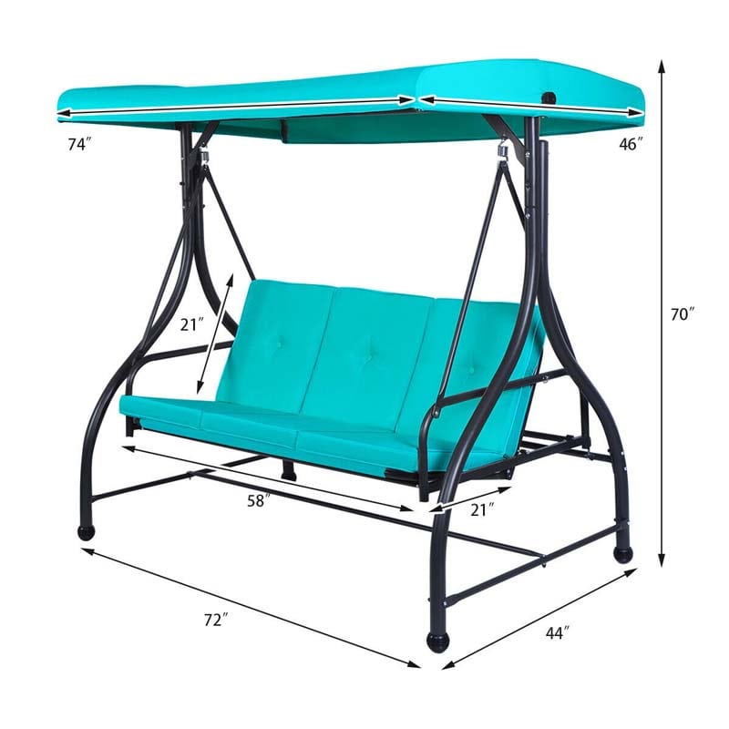 3-Seater Cushioned Metal Porch Swing with Adjustable Tilt Canopy, 2-in-1 Convertible Outdoor Patio Swing Chair Glider