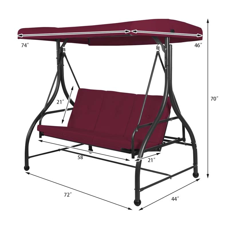 3-Seater Cushioned Metal Porch Swing with Adjustable Tilt Canopy, 2-in-1 Convertible Outdoor Patio Swing Chair Glider