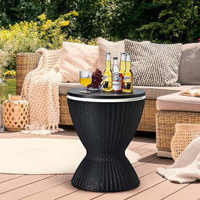 3-in-1 Rattan Outdoor Patio Bar Side Table with Ice Bucket, 8 Gallon Ice Cooler Wine Cocktail Table for Deck Pool Party