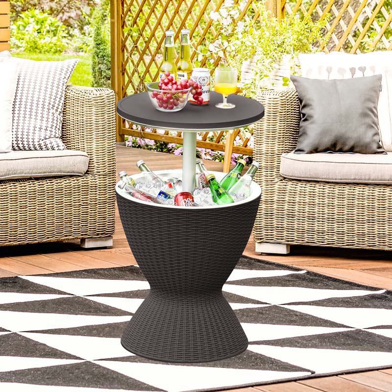 3-in-1 Rattan Outdoor Patio Bar Side Table with Ice Bucket, 8 Gallon Ice Cooler Wine Cocktail Table for Deck Pool Party