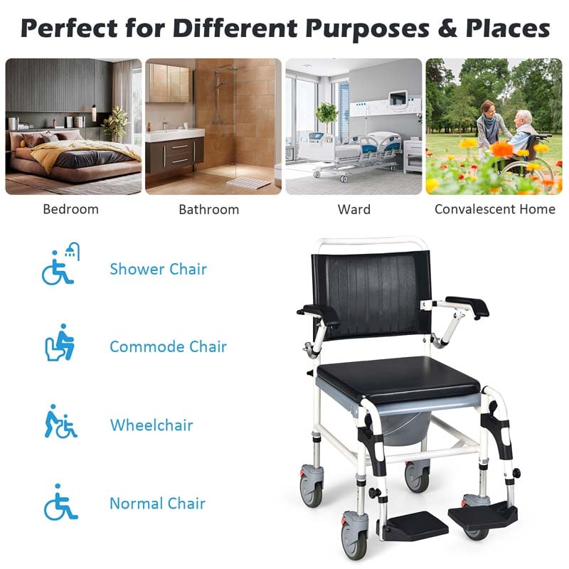 4-in-1 Bedside Commode Chair Shower Wheelchair with Detachable Bucket, Padded Mobile Toilet Chair
