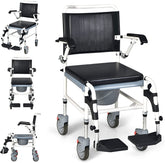 4-in-1 Bedside Commode Chair Shower Wheelchair with Detachable Bucket, Padded Mobile Toilet Chair