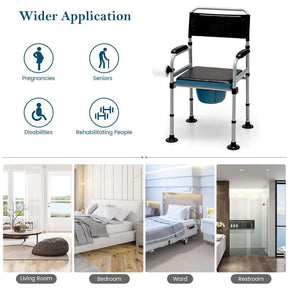 4-in-1 Folding Bedside Commode Chair with Arms, Height Adjustable Portable Toilet Bath Shower Potty Chair