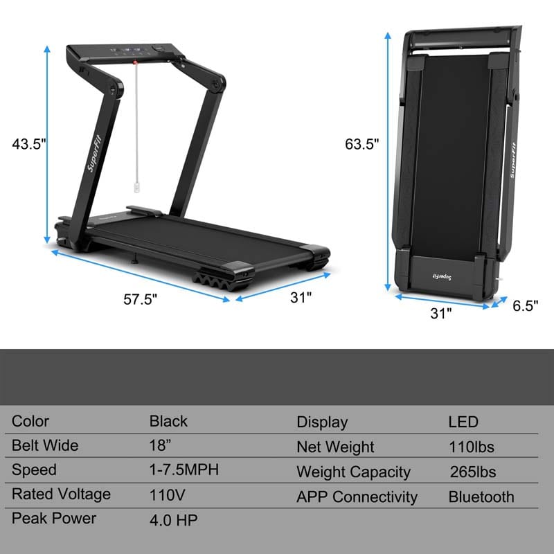 4.0HP Folding Treadmill 265LBS MAX Heavy-Duty Electric Running Machine with LED Touch Screen & Speaker