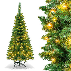 4.5/6.5/7.5FT Pre-Lit Artificial Slim Pencil Christmas Tree with Hinged Branch Tips, LED Lights & Solid Metal Stand