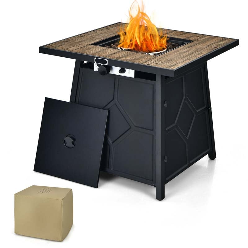 28" Square Outdoor Dining Fire Table, 40000 BTU Propane Gas Fire Pit Table with Lava Rocks & Cover