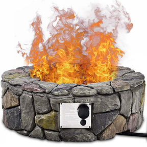 28" 40000 BTU Round Stone Look Outdoor Propane Gas Fire Pit Table with with PVC Cover & Lava Rocks