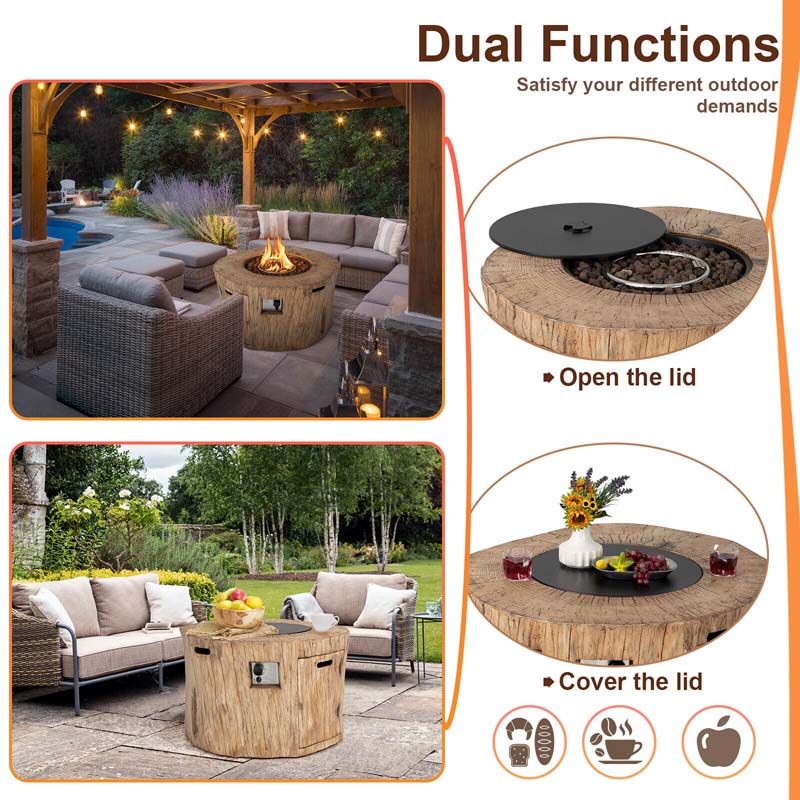 40" Wood-Like Round Fire Table, 50000 BTU Propane Gas Fire Pit Table with Lava Rocks & Cover