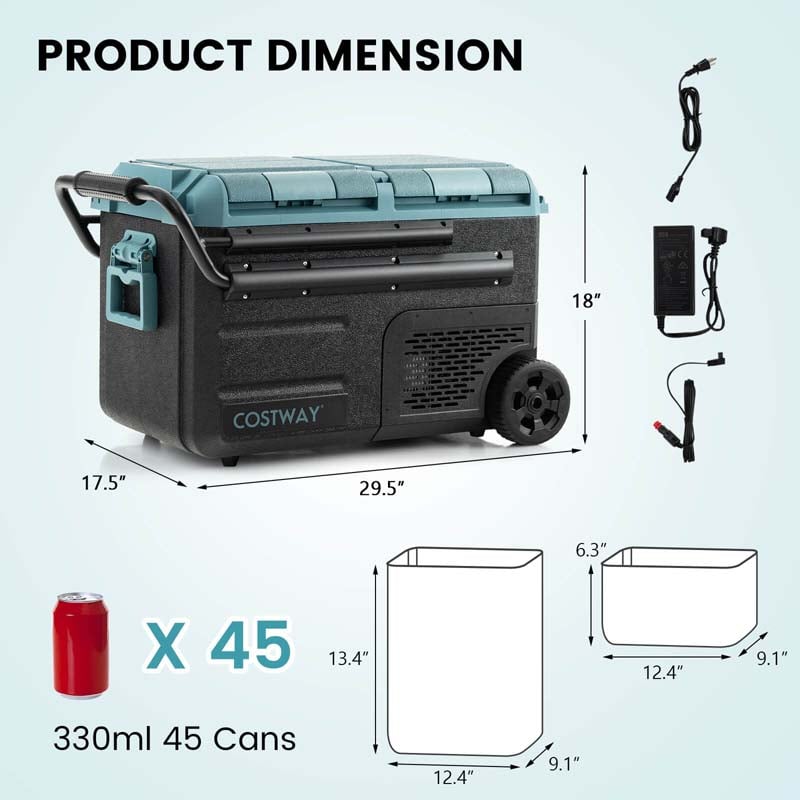 40-Quart Dual-zone Car Refrigerator with Wheels, 12V/24V DC & 100-240V AC Portable Car Fridge Cooler Freezer