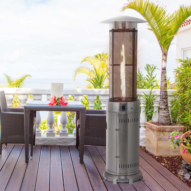 41000 BTU Standing Propane Patio Heater with Wheels, Stainless Steel Round Glass Tube Gas Outdoor Heater