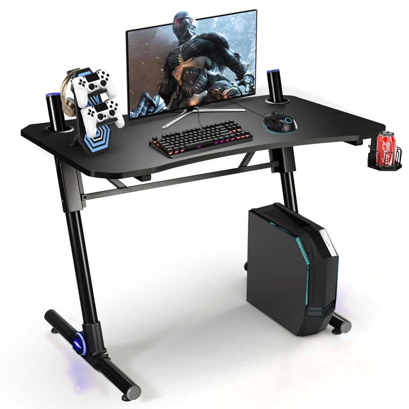Z-Shaped LED Gaming Desk, 43.5 Inch Height Adjustable Computer Desk, Carbon Fiber Desk with Gaming Handle Rack & Cup Holder