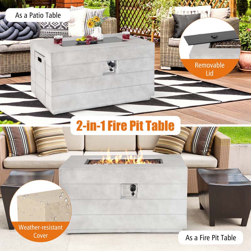 43" Concrete Rectangular Gas Fire Table, 50000 BTU Outdoor Propane Fire Pit Table with Lava Rocks & Cover