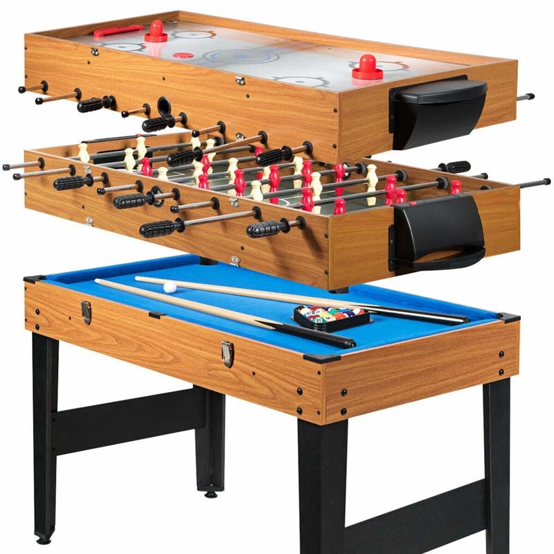 48" Multi Game Table, 3-in-1 Combo Game Table with Soccer, Billiard, Slide Hockey, Wood Foosball Table for Game Room