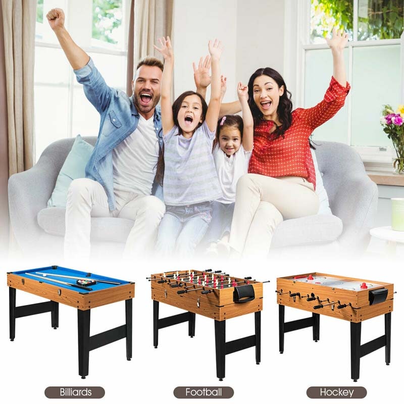 48" Multi Game Table, 3-in-1 Combo Game Table with Soccer, Billiard, Slide Hockey, Wood Foosball Table for Game Room