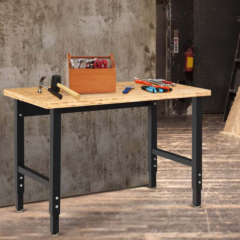 48" Adjustable Bamboo Workbench for Garage, 1500 LBS Heavy-Duty Work Table Hardwood Workstation