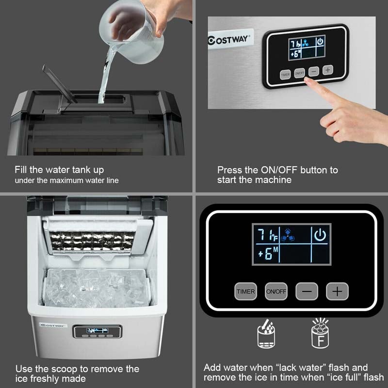 48LBS/24H Portable Ice Maker Countertop, Auto Self-Clean Stainless Ice Machine with LCD Display