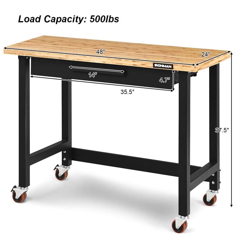 48" Mobile Workbench with Sliding Organizer Drawer & Two Lockable Casters, Bamboo Tabletop Workstation