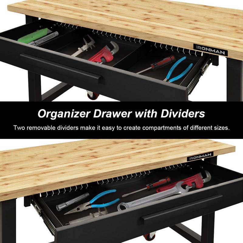 48" Mobile Workbench with Sliding Organizer Drawer & Two Lockable Casters, Bamboo Tabletop Workstation