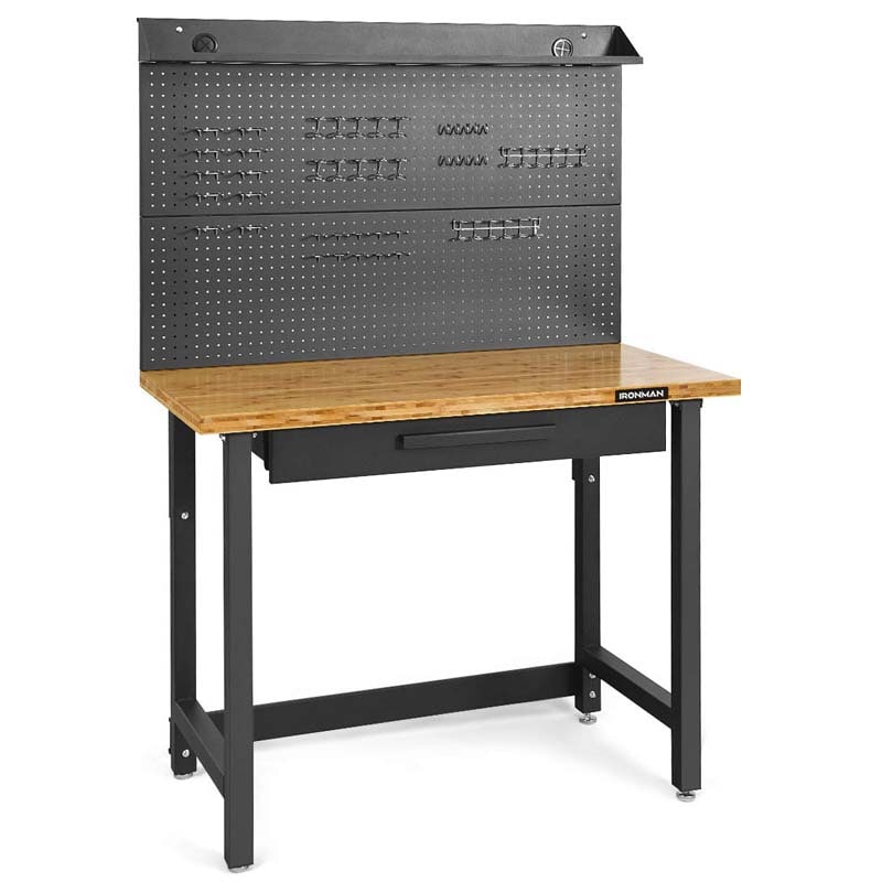 48" Bamboo Workbench with Drawers & Removable Pegboard, Heavy-Duty Work Table Tool Storage Bench