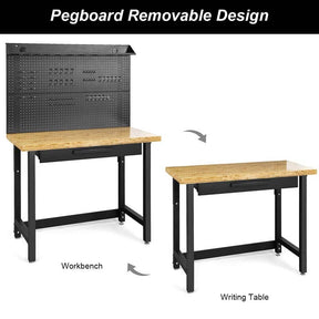 48" Bamboo Workbench with Drawers & Removable Pegboard, Heavy-Duty Work Table Tool Storage Bench