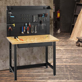 48" Bamboo Workbench with Drawers & Removable Pegboard, Heavy-Duty Work Table Tool Storage Bench