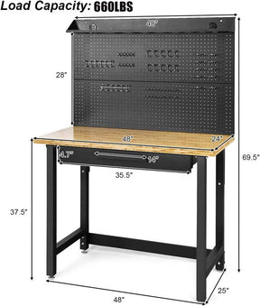 48" Bamboo Workbench with Drawers & Removable Pegboard, Heavy-Duty Work Table Tool Storage Bench