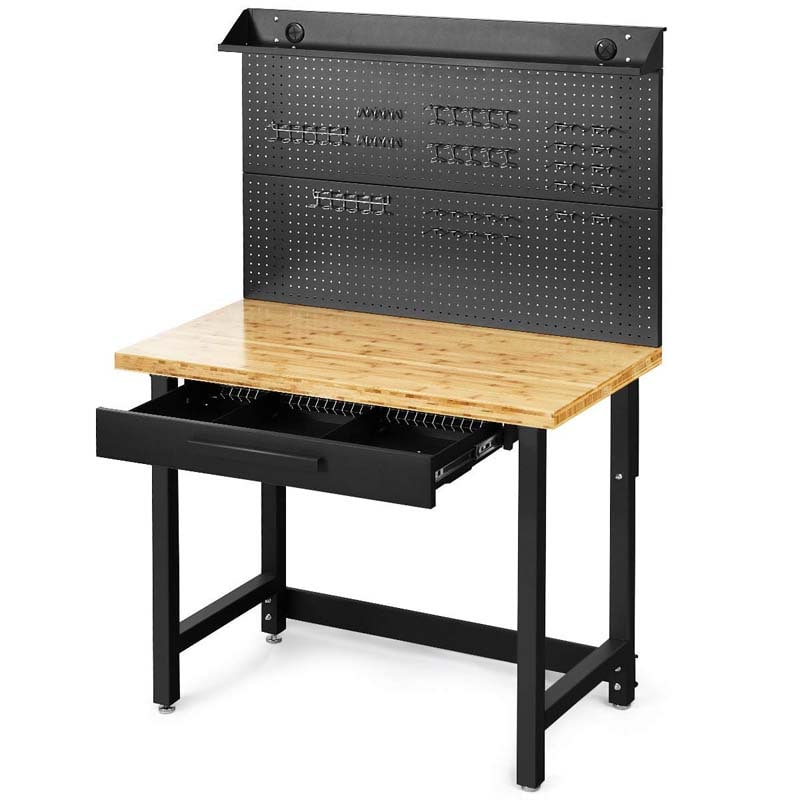 48" Bamboo Workbench with Drawers & Removable Pegboard, Heavy-Duty Work Table Tool Storage Bench