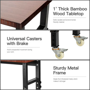48" x 24" Bamboo Mobile Workbench with Casters, Heavy-Duty Steel Work Table Adjustable Height Workstation