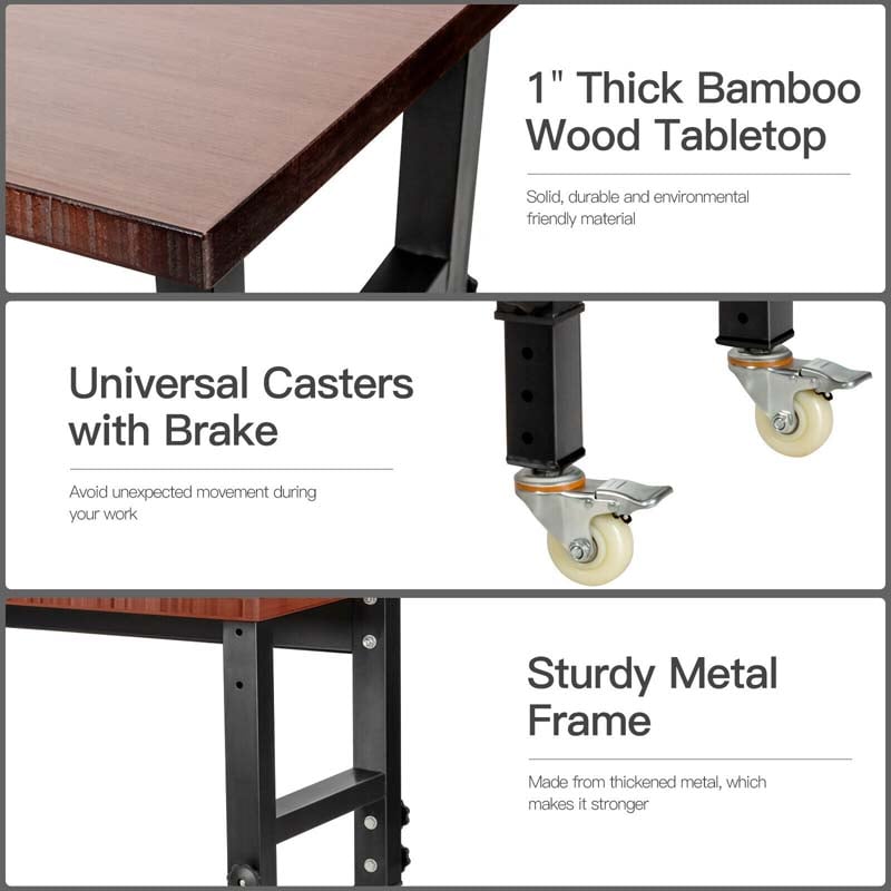 48" x 24" Bamboo Mobile Workbench with Casters, Heavy-Duty Steel Work Table Adjustable Height Workstation