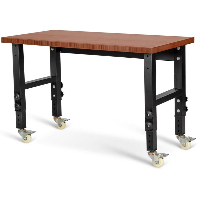 48" x 24" Bamboo Mobile Workbench with Casters, Heavy-Duty Steel Work Table Adjustable Height Workstation