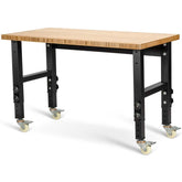 48" x 24" Bamboo Mobile Workbench with Casters, Heavy-Duty Steel Work Table Adjustable Height Workstation