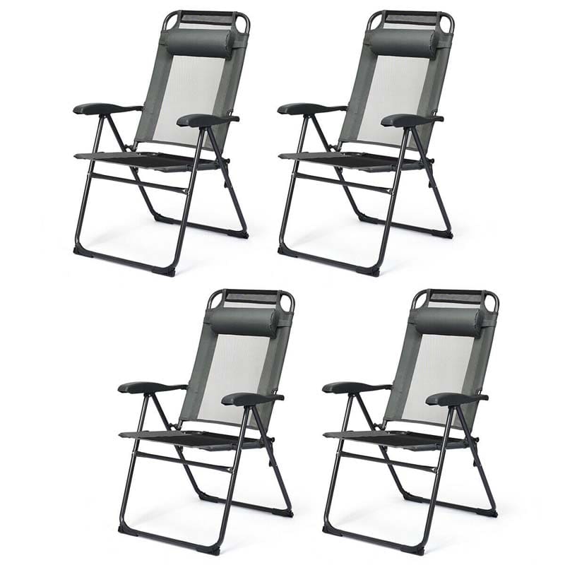 Set of 4 Patio Dining Chairs, 7-Positon Folding Lounge Chairs, Outdoor Portable Sling Chairs with Metal Frame