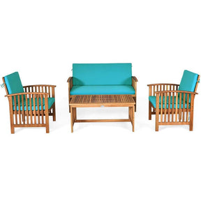 4 Pcs Outdoor Acacia Wood Sofa Set Patio Conversation Furniture Set with Cushions & Coffee Table