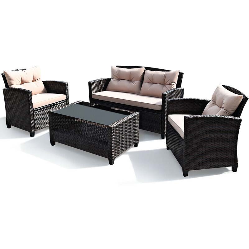 4 Pcs Rattan Patio Furniture Conversation Set Outdoor Wicker Sofa Set with Lower Shelf Coffee Table