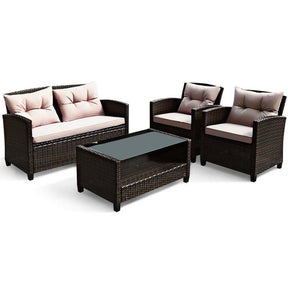 4 Pcs Rattan Patio Furniture Conversation Set Outdoor Wicker Sofa Set with Lower Shelf Coffee Table