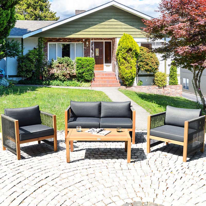 4 Pcs Acacia Wood Outdoor Loveseat Sofa Set with 2 Single Chairs & Coffee Table, Cushions