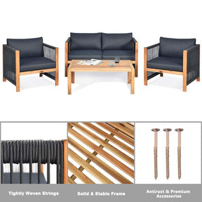 4 Pcs Acacia Wood Outdoor Loveseat Sofa Set with 2 Single Chairs & Coffee Table, Cushions