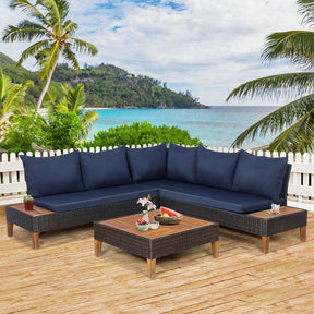 4 Pcs Acacia Wood Rattan Patio Conversation Set Outdoor Sectional Sofa Set with Coffee Table