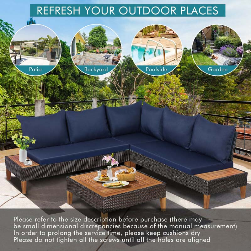 4 Pcs Acacia Wood Rattan Patio Conversation Set Outdoor Sectional Sofa Set with Coffee Table