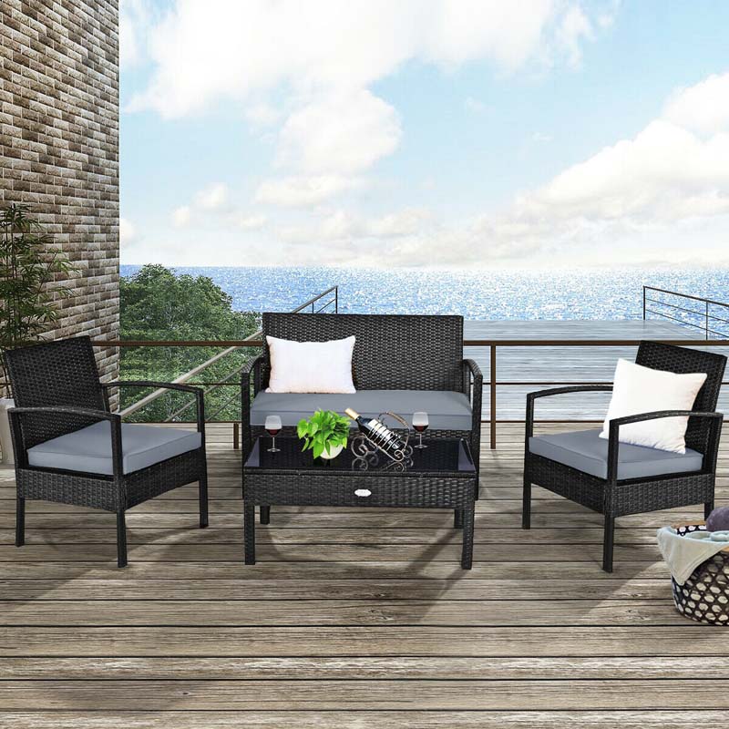 4 Pcs Wicker Patio Conversation Furniture Set Outdoor Rattan Sofa Set with Coffee Table & Washable Cushions