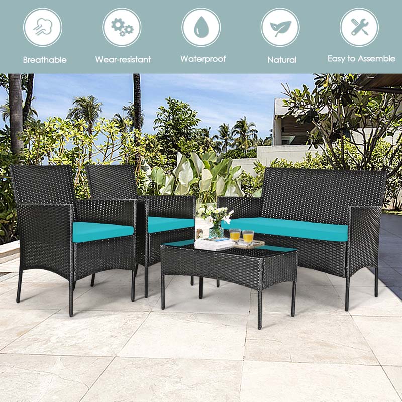 4 Pcs Rattan Patio Conversation Furniture Set Wicker Outdoor Sofa Set with Cushions & Coffee Table