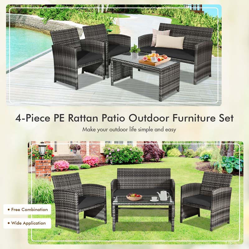 4 Pcs Rattan Wicker Patio Furniture Sets, Outdoor Conversation Sets with Loveseat, Table, Single Sofas