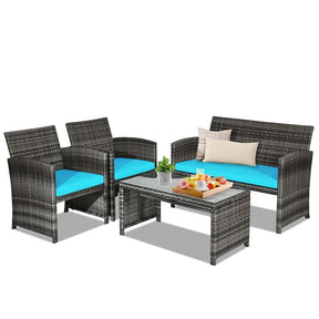 4 Pcs Rattan Wicker Patio Furniture Sets, Outdoor Conversation Sets with Loveseat, Table, Single Sofas