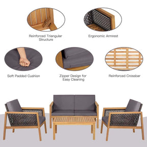 4 Pcs Outdoor Acacia Wood Furniture Set Rattan Patio Conversation Sofa Set with Coffee Table & Soft Cushions