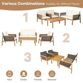 4 Pcs Outdoor Acacia Wood Furniture Set Rattan Patio Conversation Sofa Set with Coffee Table & Soft Cushions
