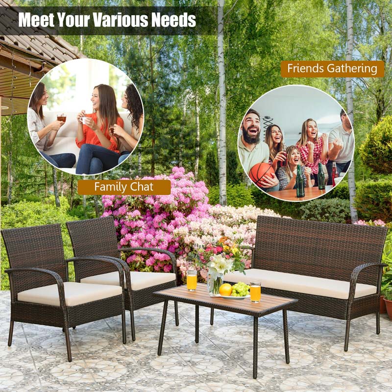 4 Pcs Rattan Patio Conversation Furniture Set Wicker Outdoor Sofa Set with Cushions & Acacia Wood Tabletop