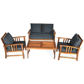 4 Pcs Acacia Wood Patio Furniture Set Outdoor Sofa Chair Conversation Set with Seat & Back Cushions