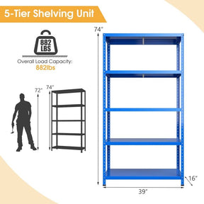 Blue 39" x 16" x 74" 5-Tier Heavy Duty Metal Storage Shelving Unit, Multi-Use Storage Racks Utility Shelves