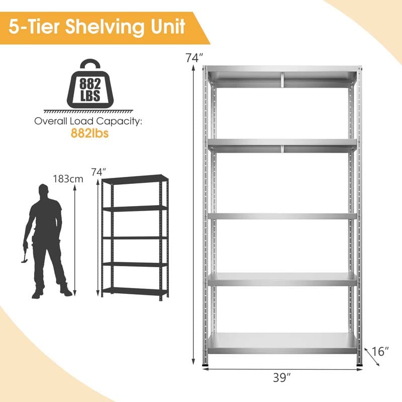 Silver 39" x 16" x 74" 5-Tier Heavy Duty Metal Storage Shelving Unit, Multi-Use Storage Racks Utility Shelves