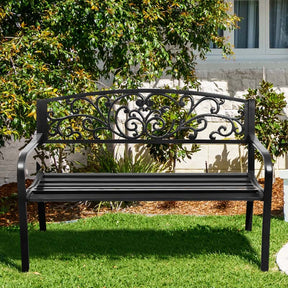 50" Cast Iron Backrest Outdoor Patio Bench Seat, Weatherproof Steel Frame Garden Bench for Park Porch